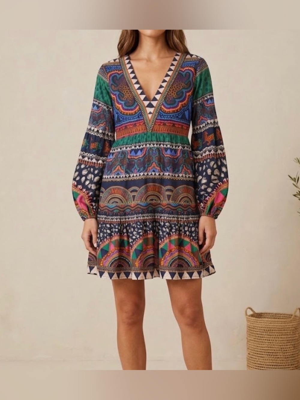 FARM Rio Anthropologie Printed V Neck Tiered Mini Dress Cotton Multicolor Size S
